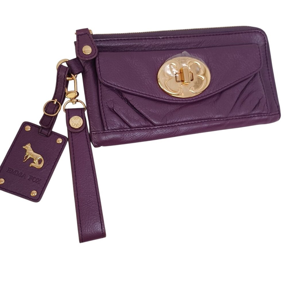 Emma Fox‎ Wristlet Wallet Purple Leather Gold Tone Classic Zip Around